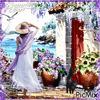 Summer days. Woman, cat, house with views animuotas GIF