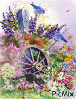 old wagon wheelleaning on a fence with all the flowers birds, butterflies, and even squirrels eating. geanimeerde GIF