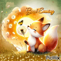 Good Evening Little Fox, Dandelion and Butterfly - Free animated GIF