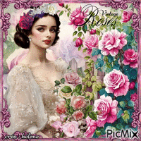 concours : Femme vintage avec des roses анимиран GIF