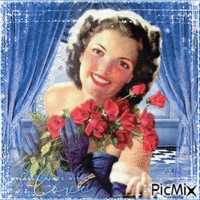 Vintage Woman With a Bouquet of Roses - GIF animado gratis