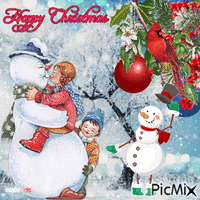Happy Christmas-snowman-snow-kids - GIF animé gratuit