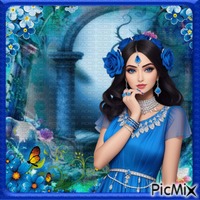 Femme en bleu avec une rose bleue - gratis png