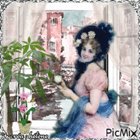 Femme vintage buvant du café _ tons pastel - Бесплатни анимирани ГИФ