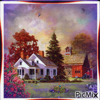 OLD FARM HOME, FALL LEAVES, SOE FLOWERS, AND BUTTERFLIES, AN OLD MAN ON A BENCH WITH HIS DOGS, AND MANY COLORS OF CLOUDS BILLOWING IN. animovaný GIF
