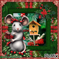 {♦}Christmas Mouse on Berries{♦} animowany gif