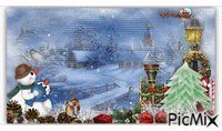 Snowmen and Christmas Train анимированный гифка