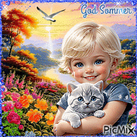 Happy Summer. Boy, cat - Ingyenes animált GIF