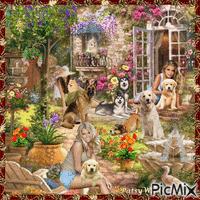 In the garden with our 8 dogs - GIF animé gratuit