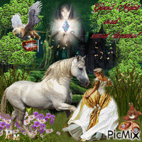 The prinses in the forest encounter the white stallion in fantasie forest animowany gif