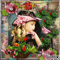 Portrait with little lady among flowers animált GIF