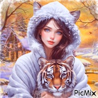 Tigre et jeune fille en hiver GIF animé