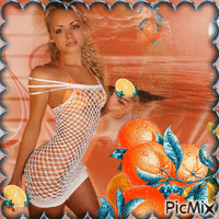 A woman with oranges and shades of blue. - Darmowy animowany GIF