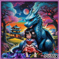 Dragon et enfant en Asie.