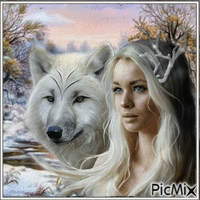Femme et loup en Hiver toute blanc