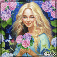 Femme et fleurs d'hortensia - Gratis animerad GIF