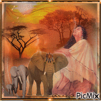 Une amérindienne avec les éléphants - 免费动画 GIF