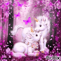 Unicorns-pink-flowers-butterflies animeret GIF