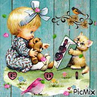 CAT HOLDING A BOOK WHILE LITTLE GIRL LEARNS HER ABC'S LETTERS ARE ON THE GROUND AMONG FLOWERS, AND FLOWERS FALLING, AND 2 BIRDS AMONG THE FLOWERS. - Free animated GIF
