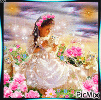 LITTLE ANGEL IN THE PINK FLOWERS PLAYING WITH HER THREE PET KITTENS, THE FLOWERS ARE SPARKLING AND HER DRESS AND WINGS, THE CLOUDS ARE A PURPLE WITH TWO ORANGE STARS AND FLOATING PINK FLOWERS,ALL IN A FRAME THAT SEEMS TO DRAW IT IN AND OUT.