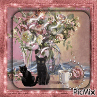Bouquet de fleurs café et petits chats - GIF animado grátis
