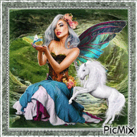 Spring fantasy with a unicorn and fairy