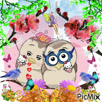 2 CARTOON LOVE BIRDS,2 PURPLE AND YELLOW FLOWERS WITH GREEN BUTTERFLIES, 2 RED TREE BRANCHES WITH GREEN AND RED BUTTERFLIES, A FAIRY SWINGING, YELLOW FLOWER AND BUTTERFLY AT BOTTOM LITTLE BEAR WITH I LOVE YOU LEAVES BLOWING AT THE TOP. 2 PURPLE BIRDS. GIF animé