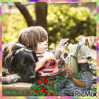 Garçon avec son chien et sa guitare - Бесплатный анимированный гифка