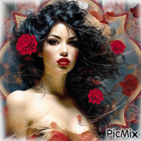 Femme brune avec des roses animowany gif