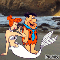 Fred Flintstone with mermaid Wilma Flintstone animēts GIF