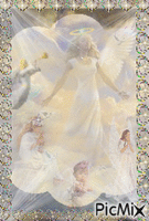 ONE BIG ANGEL AND 4 LITTLE ANGEL, THERE ARE LITTLE WHITE BIRDS FLYING ALL OVER, THE FRAME IS FLASHING HEARTS, SPOT LIGHTS IN EACH CORNER, THE ANGELS ARE A SOFT WHITE. GIF animé