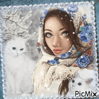 Jeune femme en hiver avec des chats.