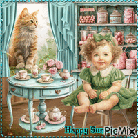 Happy Sunday. Girl, cat in the window - GIF animasi gratis