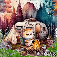 Camping - Chat - Aquarelle. - GIF animado grátis