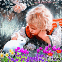 Have a beautiful day. Boy and a rabbit. Spring