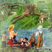 Children fishing in the pond