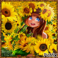 Anime-Sonnenblumenfeld - Gelb- und Grüntöne GIF animé