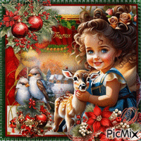 Joyeux Noël - Enfant avec une biche анимированный гифка