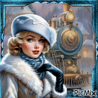 Mujer vintage elegante en invierno esperando su tren