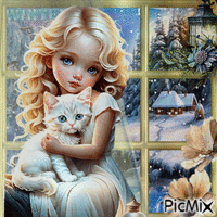 Niña y su gatito en invierno geanimeerde GIF