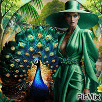 La dama y el pavo real - Tonos verdes - GIF animé gratuit