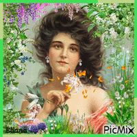 Mulher em um jardim - Vintage - GIF animado grátis