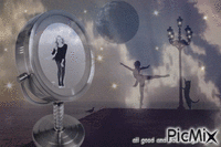 dance moon woman cat clouds mirror light imagination animovaný GIF
