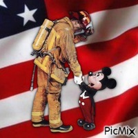 Mickey Mouse thanking a firefighter animasyonlu GIF