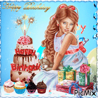 Happy Birthday. Girl, cakes, gifts
