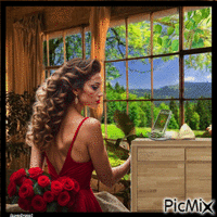 Frau mit rote Rosen GIF animé