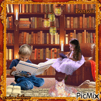 "Deux enfants dans une bibliothèque"