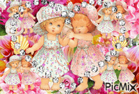 FOUR PICTURES OF TWO LITTLE GIRLS LISTENING TO A SEASHELL IN FRONT OF FLOWERS. A BIG DIAMOND HEART, AND SPARKLES. animált GIF
