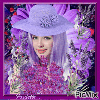 femme en violet avec bouquet de fleurs GIF animé