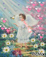 LITTLE ANGEL CATCHING A BIRD AMONG ALL THE FLOWERS, GLITTER AND PINK HEARTS. - Darmowy animowany GIF
